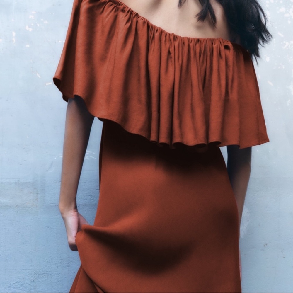 Zara Off Shoulder Linen Blend Ruffle Maxi  Rust Dress Small - Picture 7 of 14